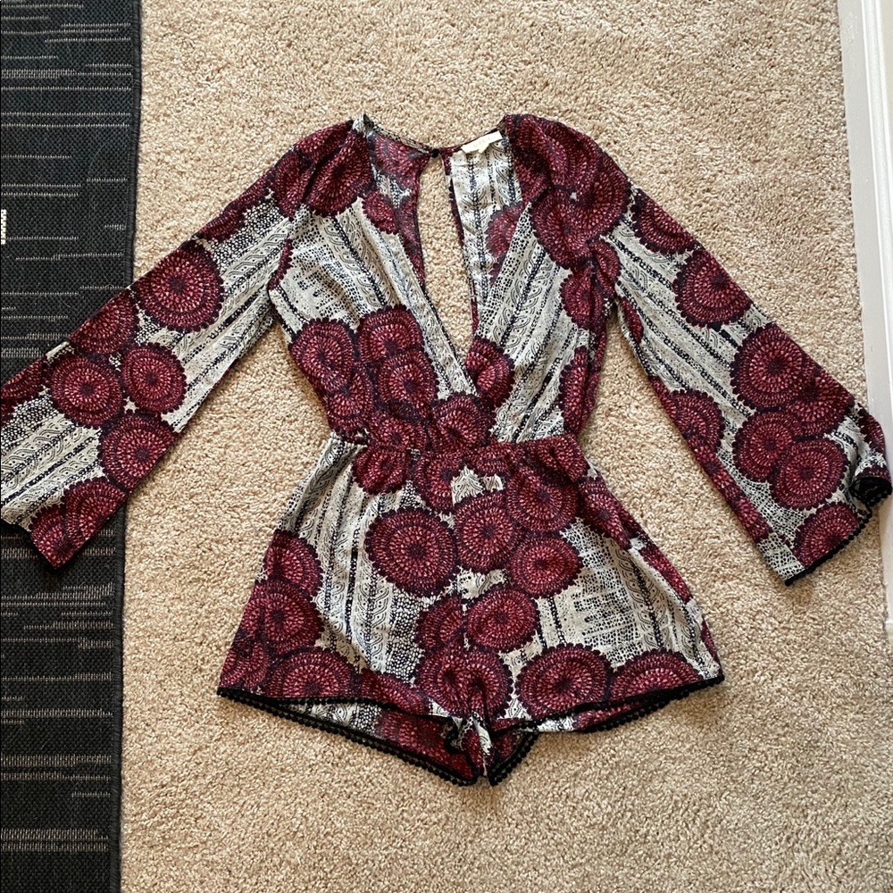 Maroon black and beige printed long sleeve ROMPER